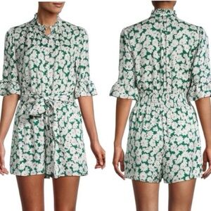 Rebecca Taylor Silk Blend Romper Serene Green White Floral Ruffle Waist Tie